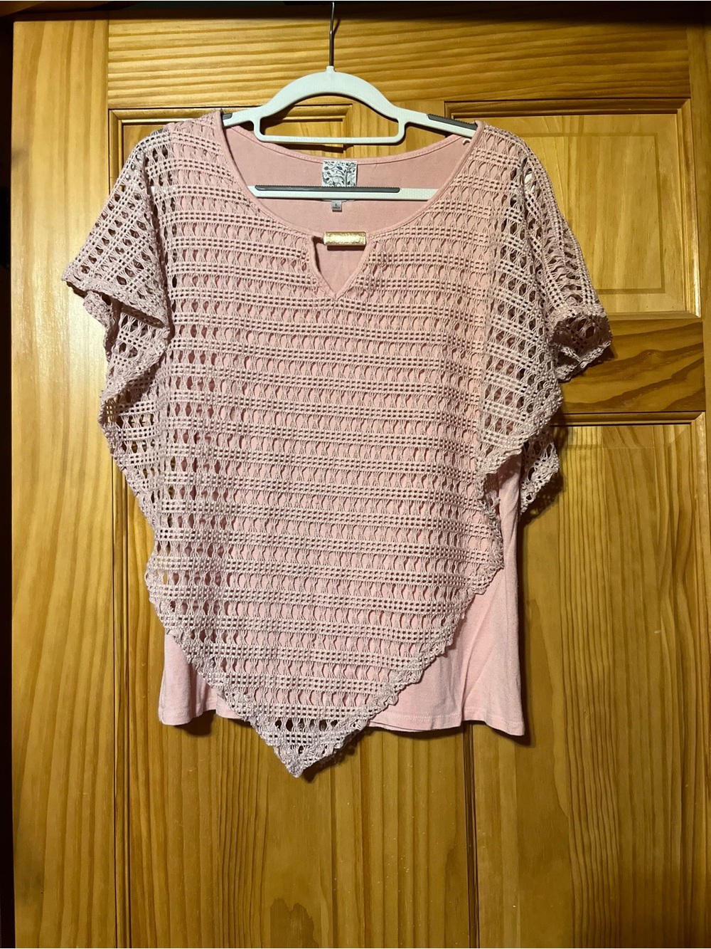 Women’s Pink Crochet Poncho Tunic - Layered Short Sleeve Top